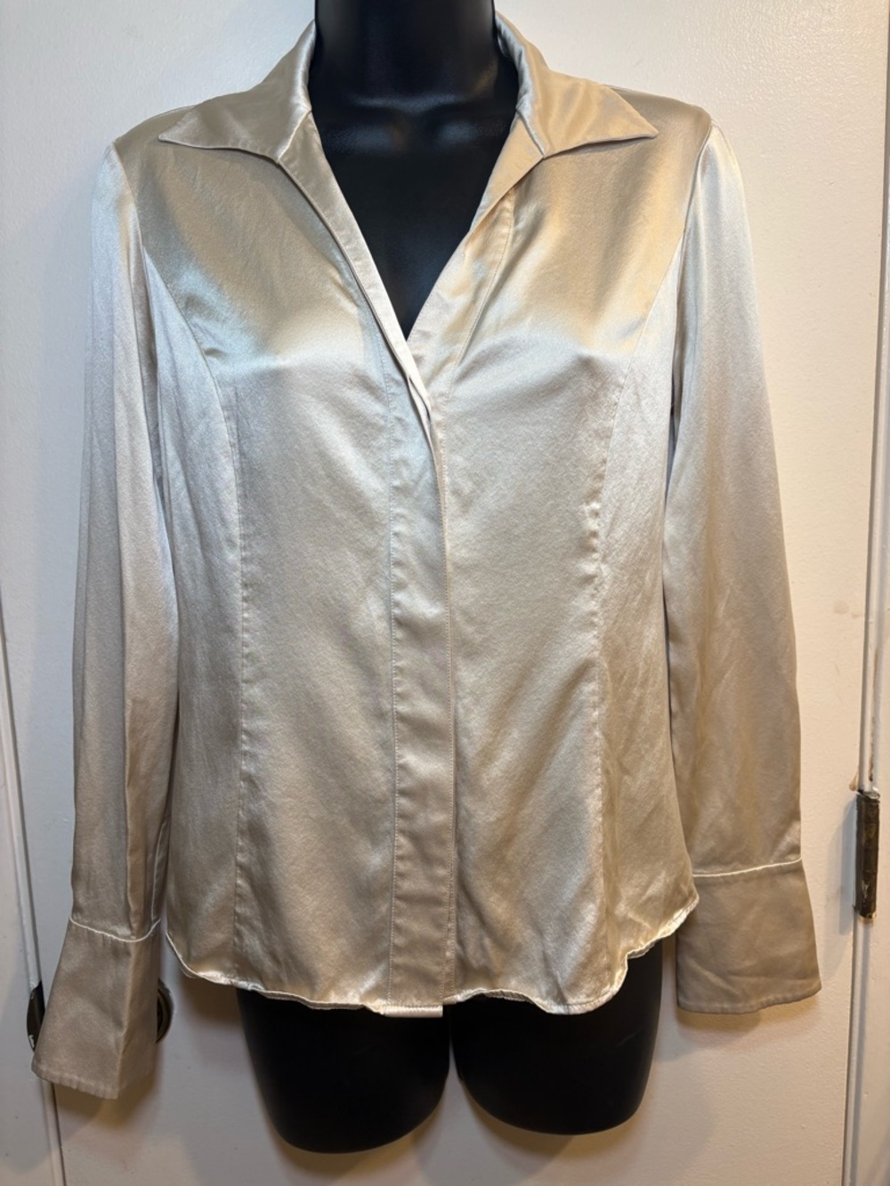 LAFAYETTE 148 Pure Silk Collared Button-Up Shirt Ivory Size 0 Workwear